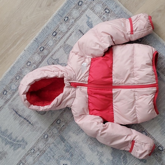 The North Face Pink Peach Baby Girl Moondoggy Hoodie Winter Coat Jacket Sz18-24m - Picture 2 of 13